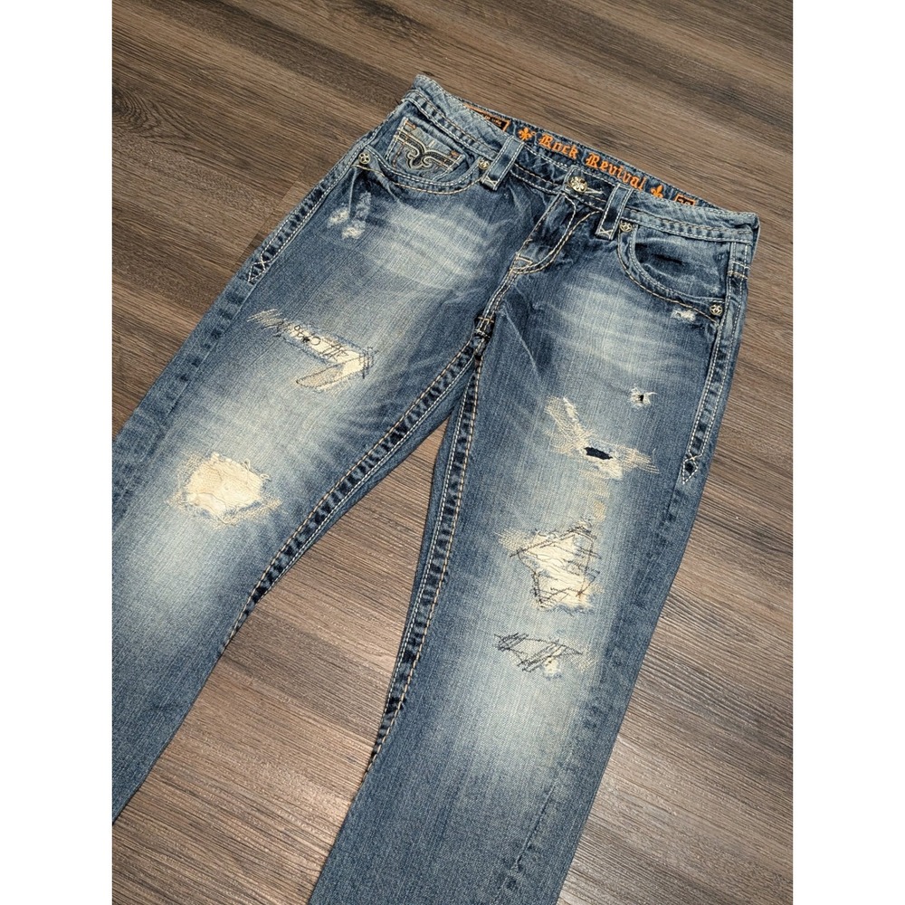 Rock Revival‎ Lydia Slim Boyfriend Jeans Size 28 Distressed Blue Thick Stitch